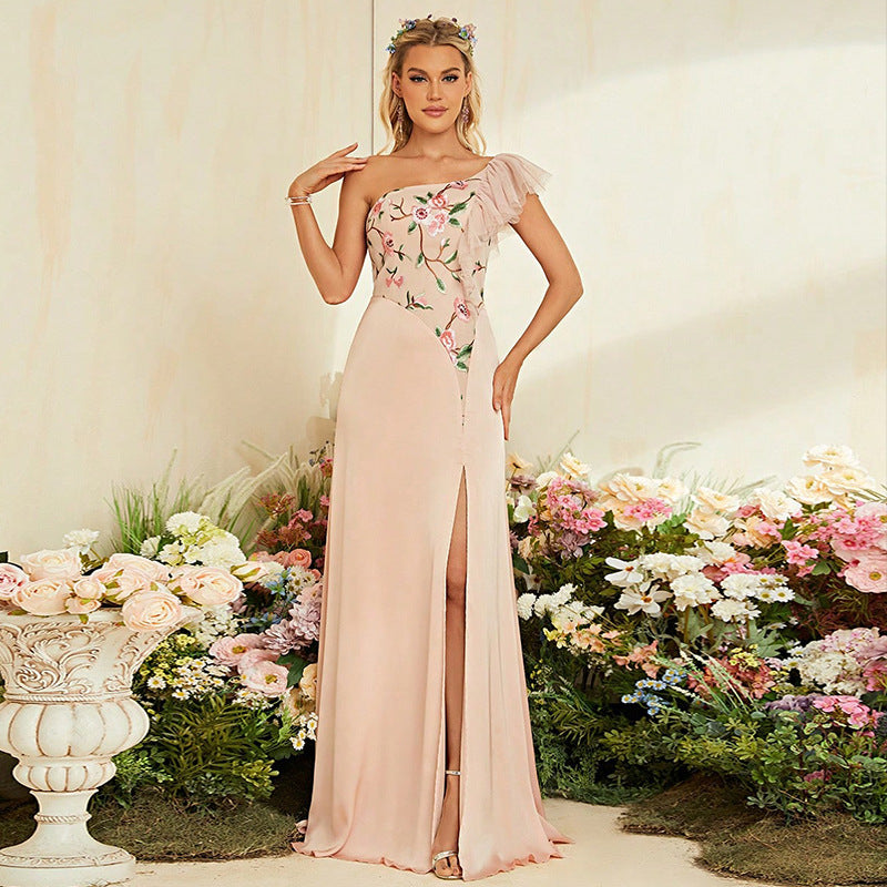Blush pink one-shoulder evening gown with floral embroidery and side slit for elegant fashion