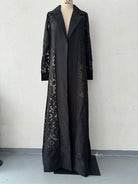Designer black lace long-sleeved trench coat dress with tailored jacket overlay