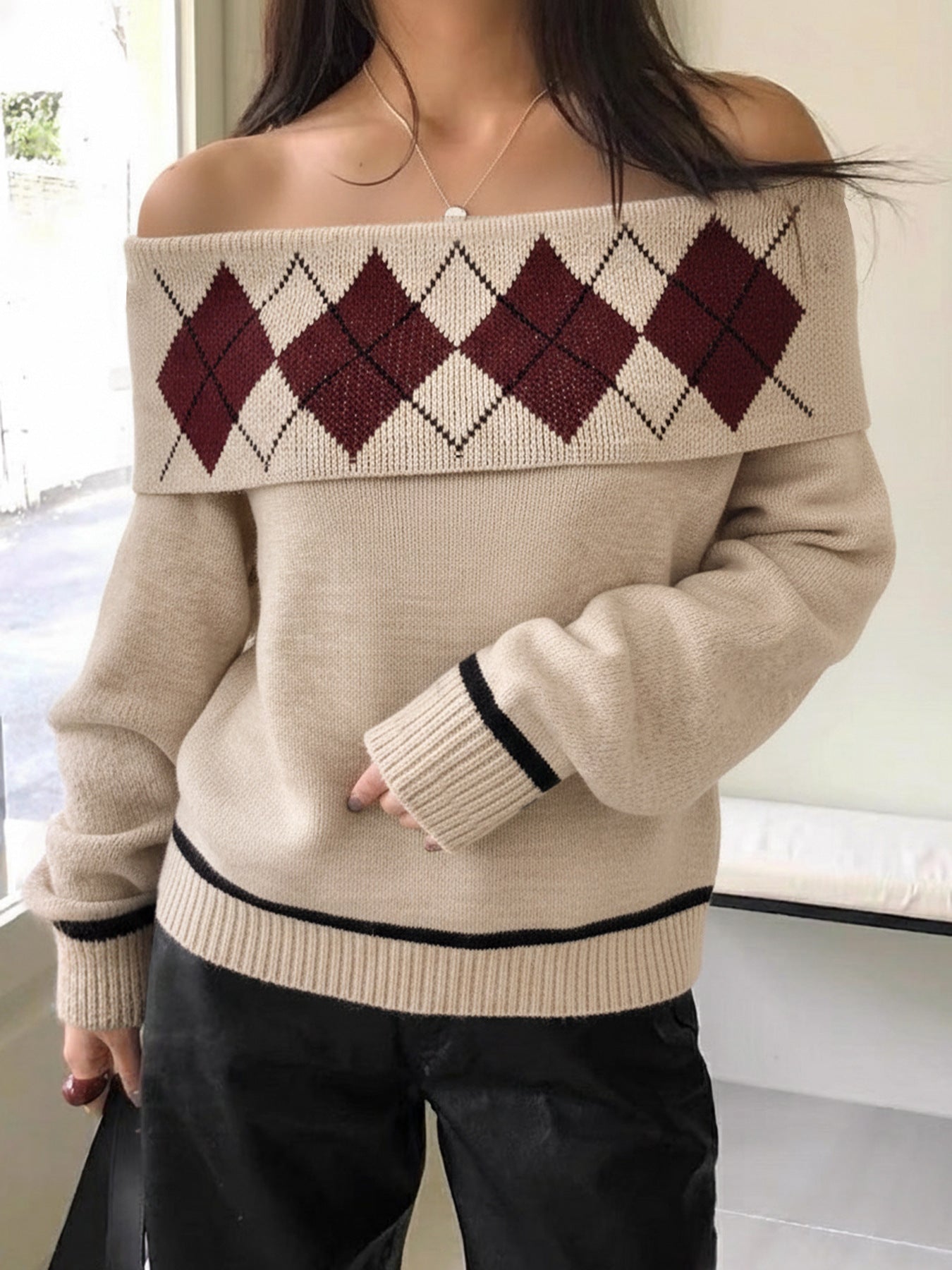 Elegant Rhombus Plaid Jacquard off-shoulder langry fashion sweater