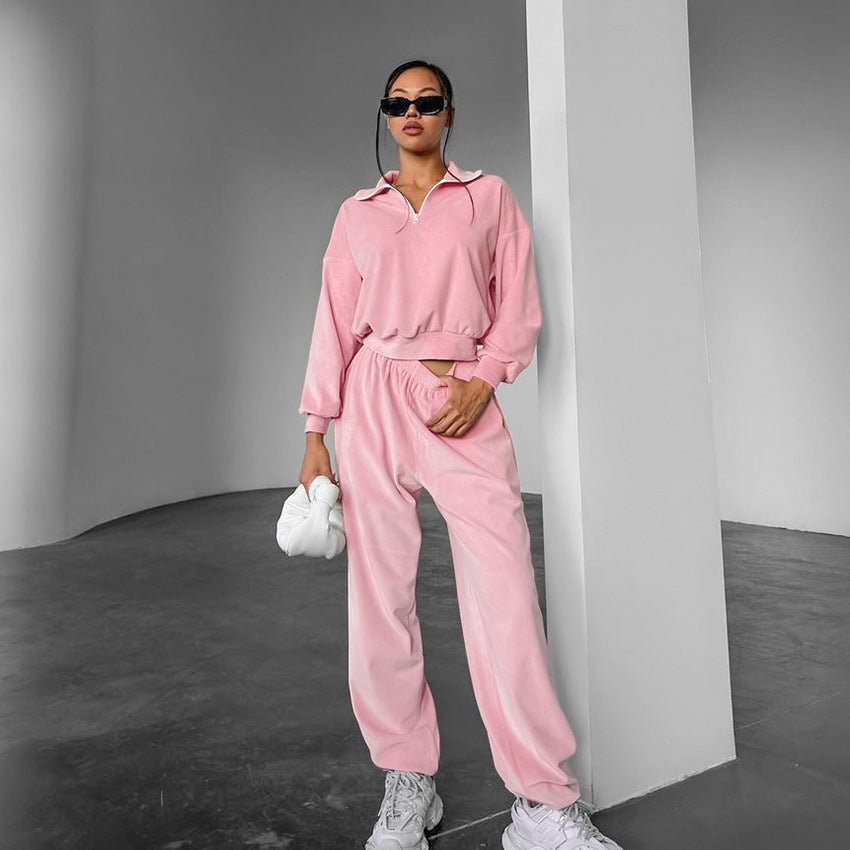 Gentle pink knitted velvet loungewear set by Langry fashion ملابس