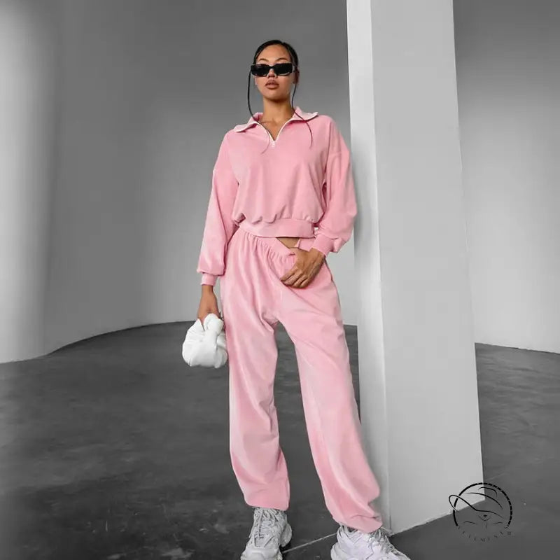 Gentle pink knitted velvet langry fashion loungewear set