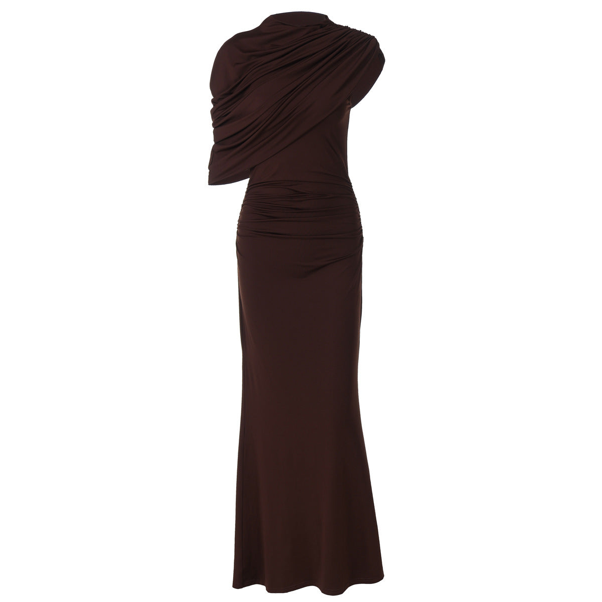 Enchanting design skinny sheath pleated dress in chocolate brown mermaid gown with draped detailing on shoulder and back