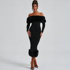 Elegant langry black off-shoulder evening dress with fur trim and long sleeves