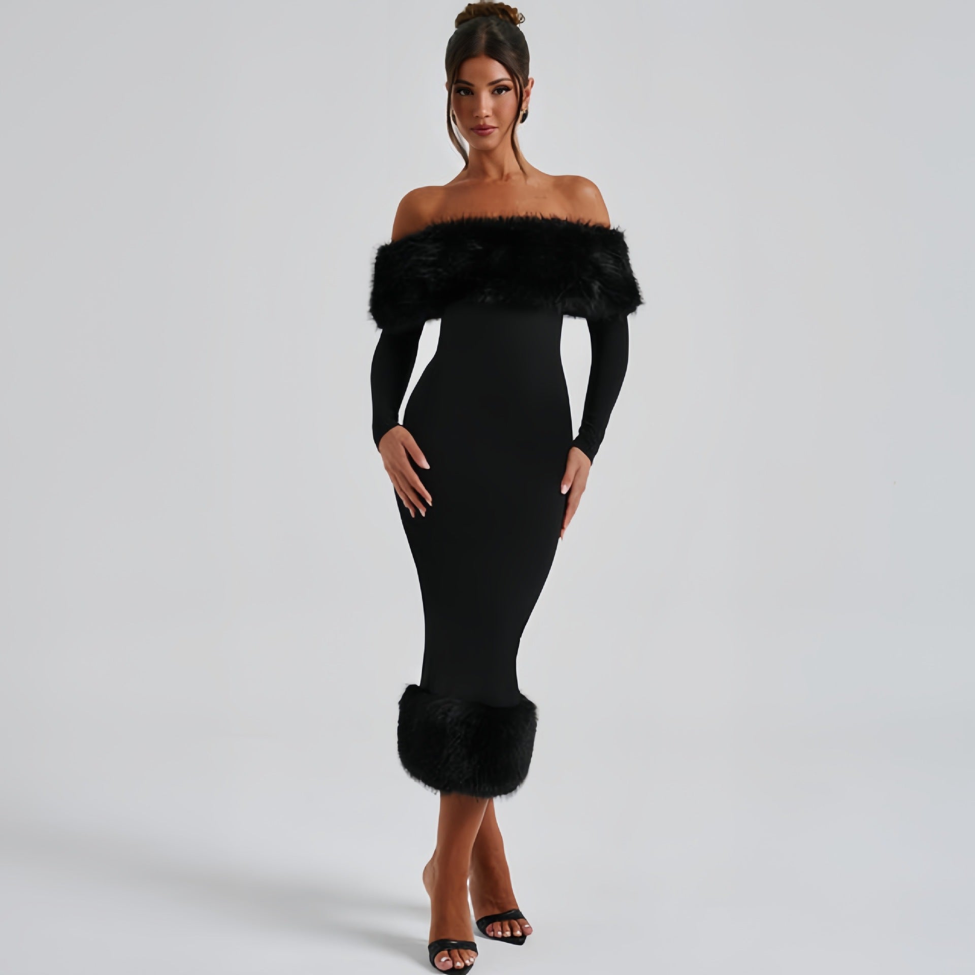Elegant langry black off-shoulder evening dress with fur trim and long sleeves