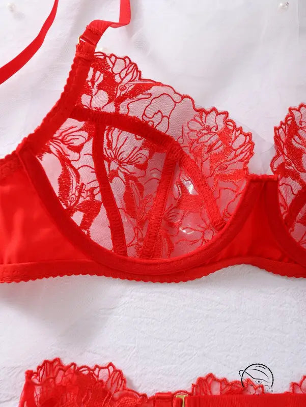 Red lace bra with floral embroidery, steel ring push-up, lingerie lace embroidery