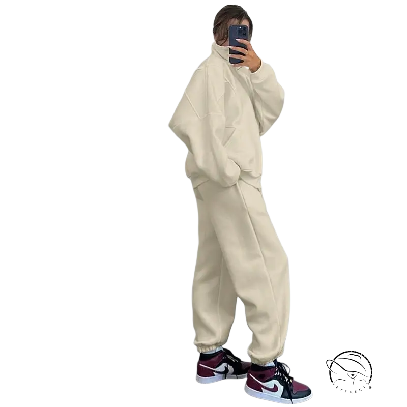 Cream-colored comfy stand collar cardigan sweater suit with joggers