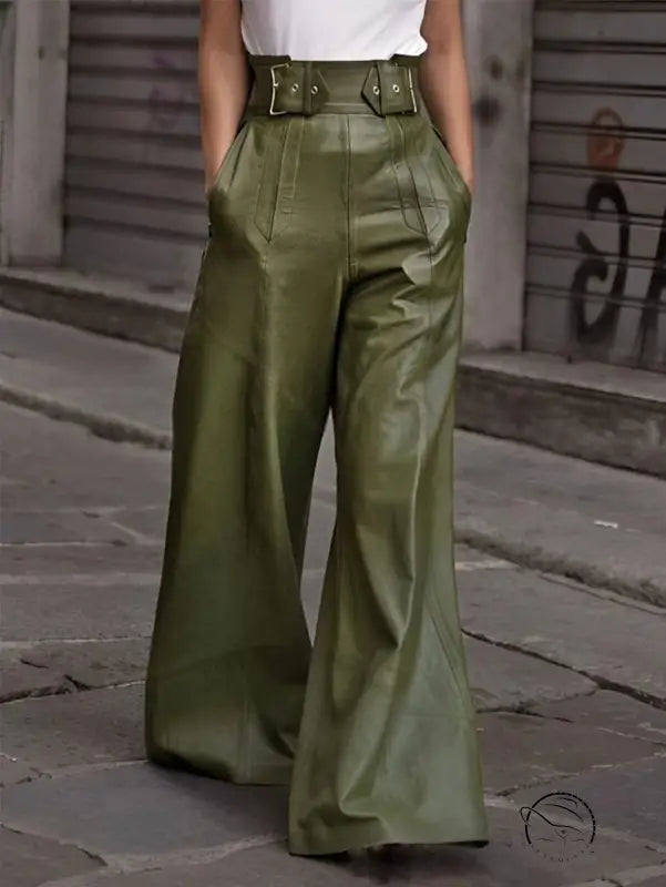 Olive green faux leather bell bottom pants with high belted waist