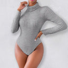 Grey ribbed long sleeve turtleneck bodysuit in slim fit fashion