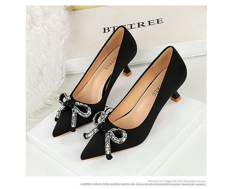 Langry fashion black suede stiletto heels with rhinestone bow accents