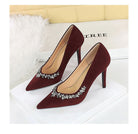 Langry fashion burgundy suede stiletto heels with rhinestone toes