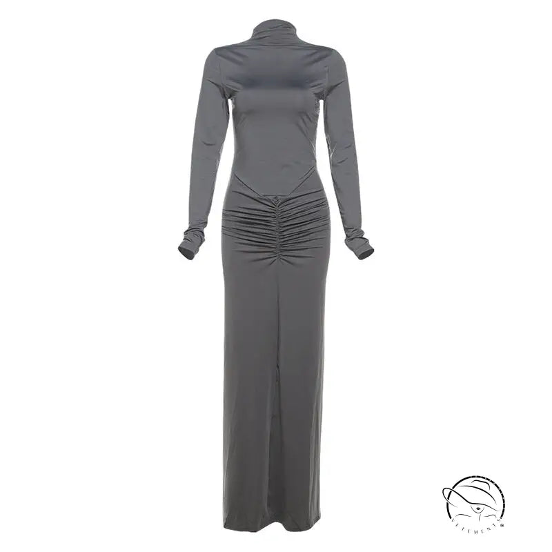 Elegant gray long-sleeved turtleneck maxi dress with gathered waist