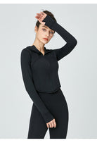 Black athletic long-sleeved jacket and leggings for women’s workout fashion ملابس