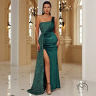 Elegant long sequined emerald green one-shoulder gown with high slit
