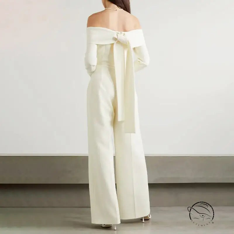 Summer Goddess off-neck jumpsuit in white with back bow