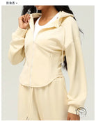 Cream-colored hooded zip-up casual cardigan sweater with matching pants
