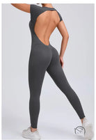 Sleek langry fashion yoga bodysuit in dark gray with open back