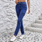 Blue denim cargo pants with pockets, langry fashion jeans, white sneakers