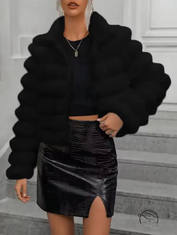 Black faux fur jacket with faux leather skirt for autumn winter faux