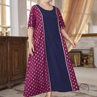 Comfy high waist elastic maxi dress with navy center and maroon gold polka dots