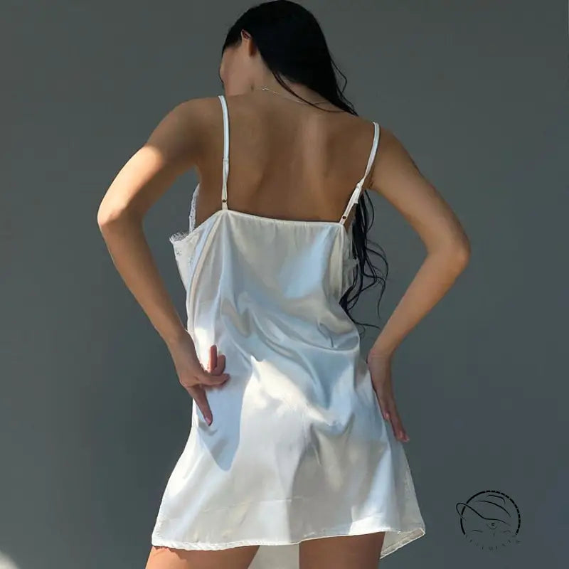 White satin slip dress with lace trim in Langry ice silk pajamas