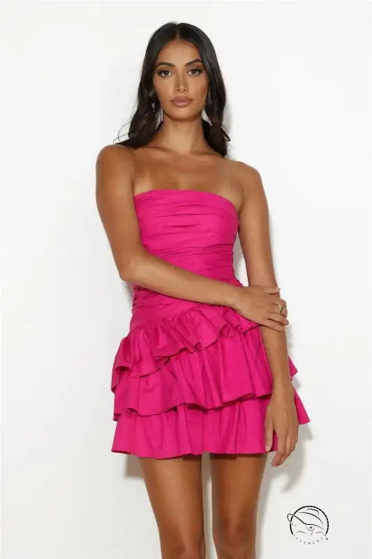 Hot pink strapless match slim dress with tiered ruffles