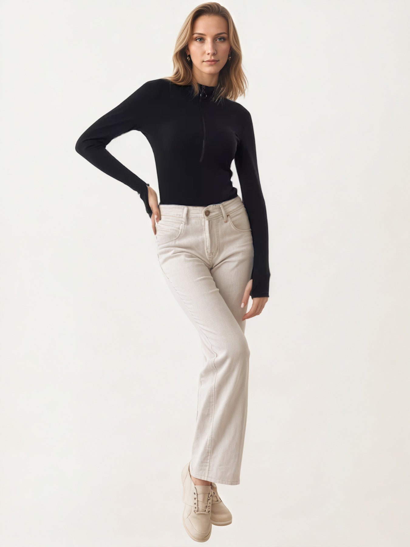 Langry fashion beige high-waisted jeans with sneakers