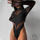 Black mesh-paneled hot skinny jumpsuit with long sleeves and high-cut legs