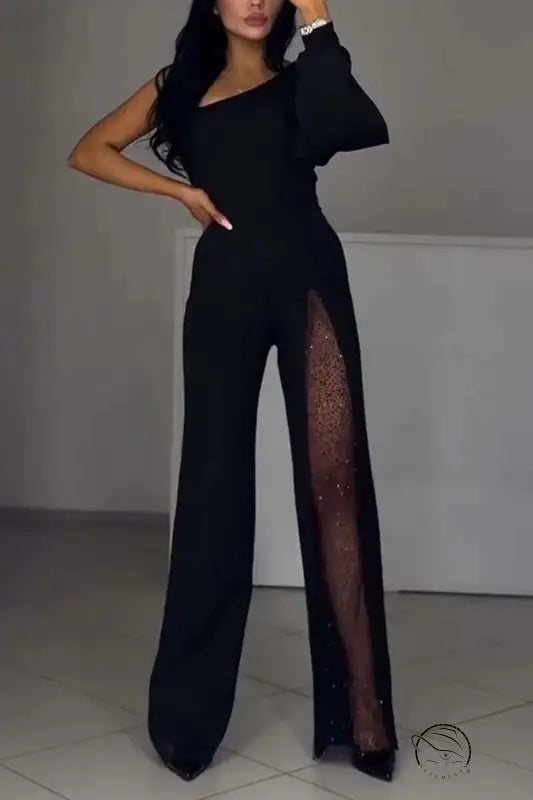 Elegant black one-shoulder fall high slit jumpsuit with sheer leg panel