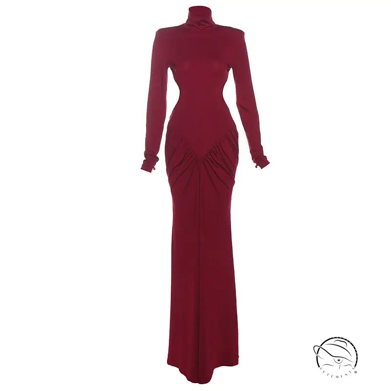 Beautiful high collar maxi dress in wine with ruched waist