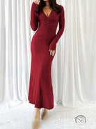 Burgundy long-sleeved ruched beautiful knitted dress