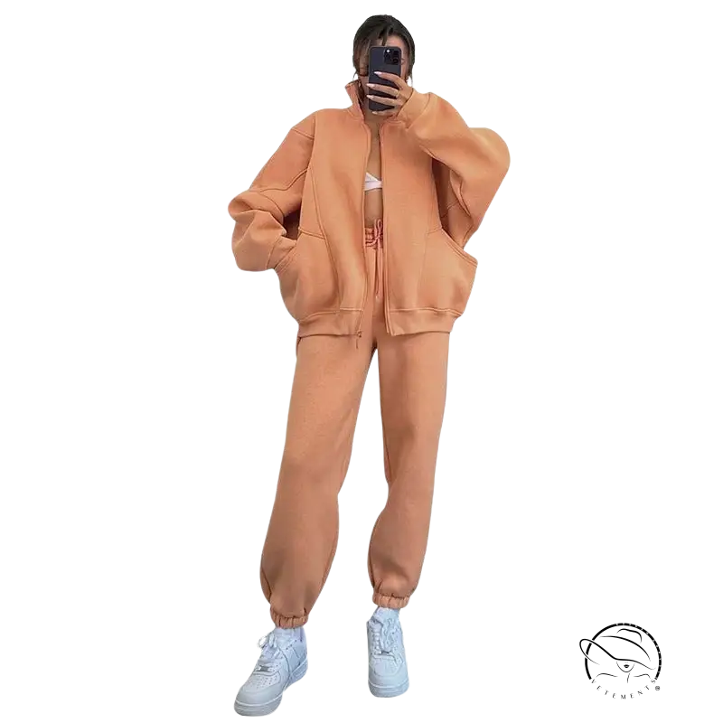 Comfy stand collar cardigan sweater suit in peach fleece