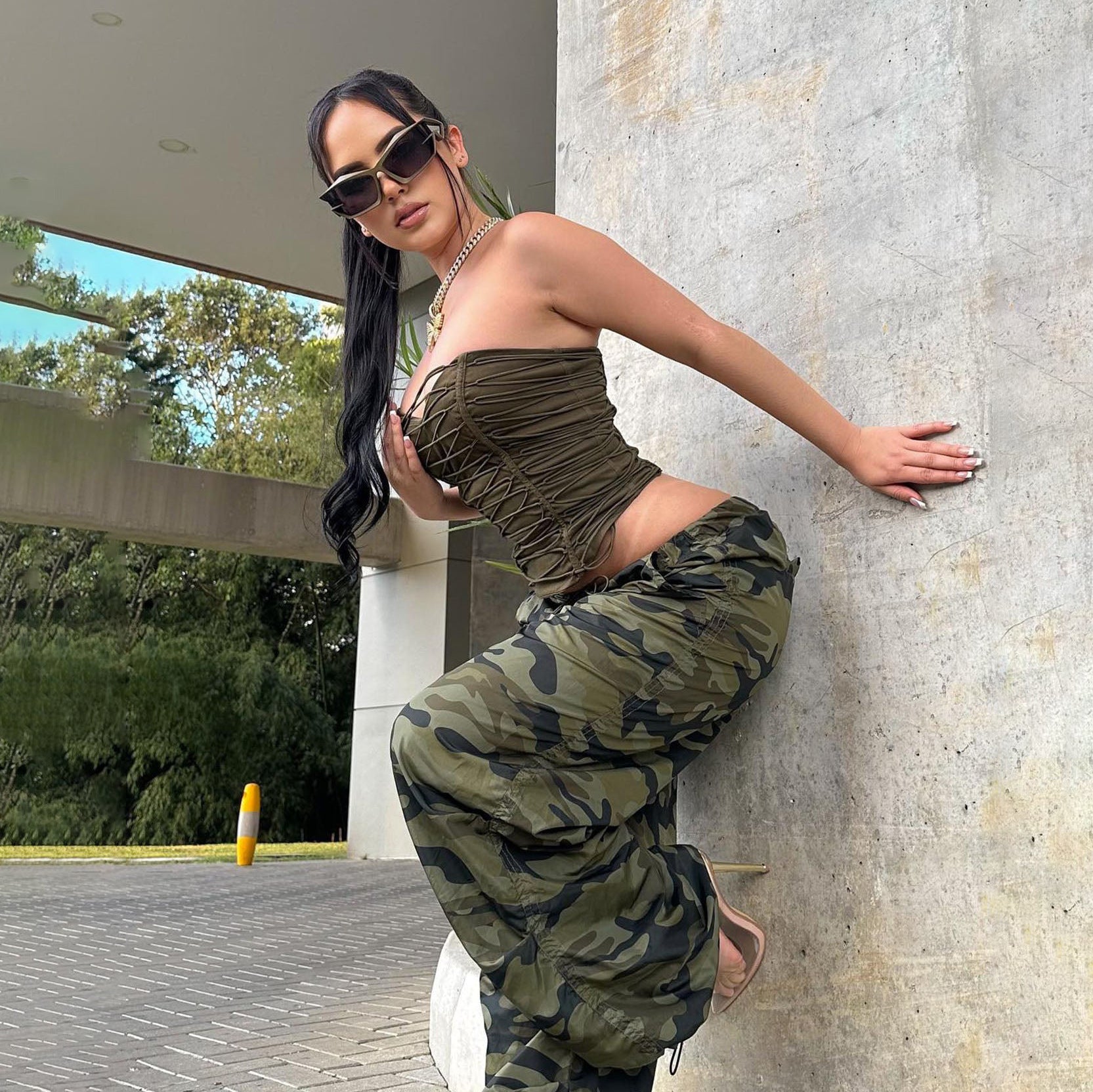 Langry fashion olive green camo wide-leg pants with high waist