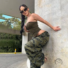 Olive green camo langry fashion pants with high waist drawstring