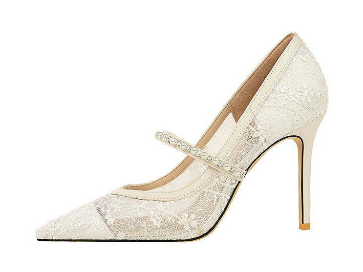 Langry fashion ivory lace Mary Jane stiletto heels with gold tip