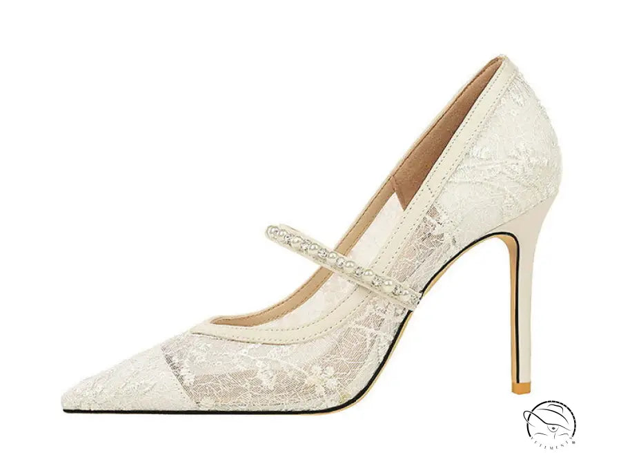 Ivory lace langry fashion stiletto heel with mary jane pearl strap