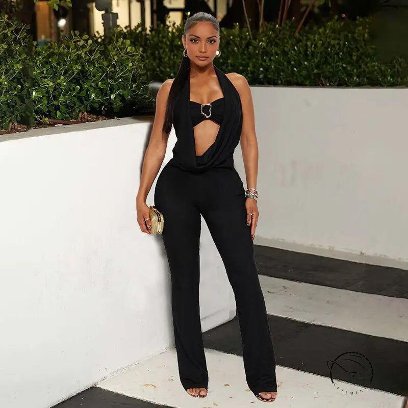 Langry fashion black halter deep V plunge backless jumpsuit with cutout detail