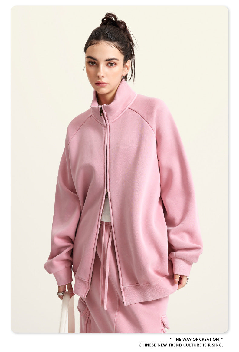 Pink zip-up sweatshirt with raglan sleeves in Langry’s Winter Heavy Retro Jacket fashion