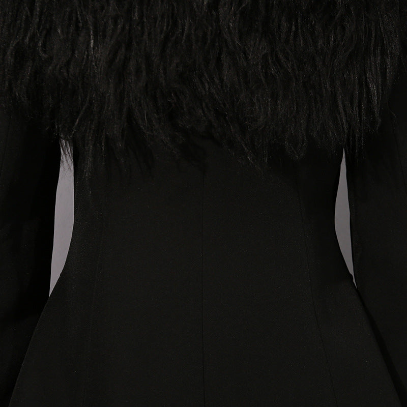 Elegant Langry fashion black fur-trimmed business blazer with high collar