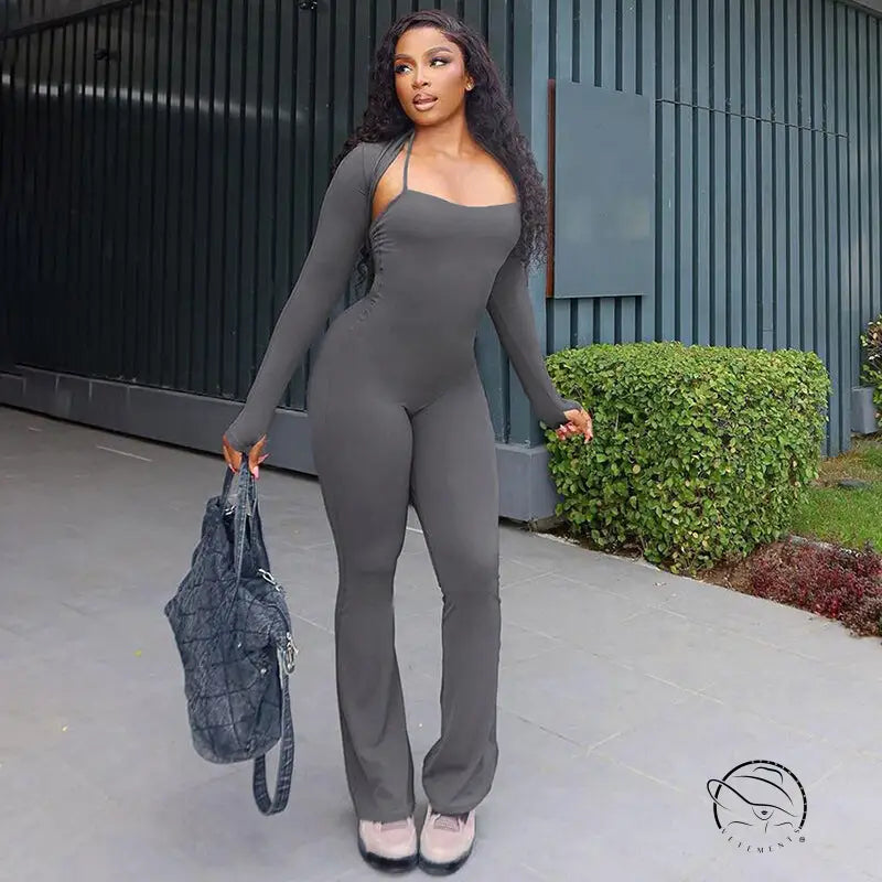 Gray casual tight jumpsuit two piece set with long sleeves