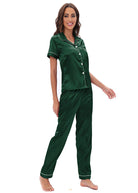 Green langry satin pajama set with button front and piping details