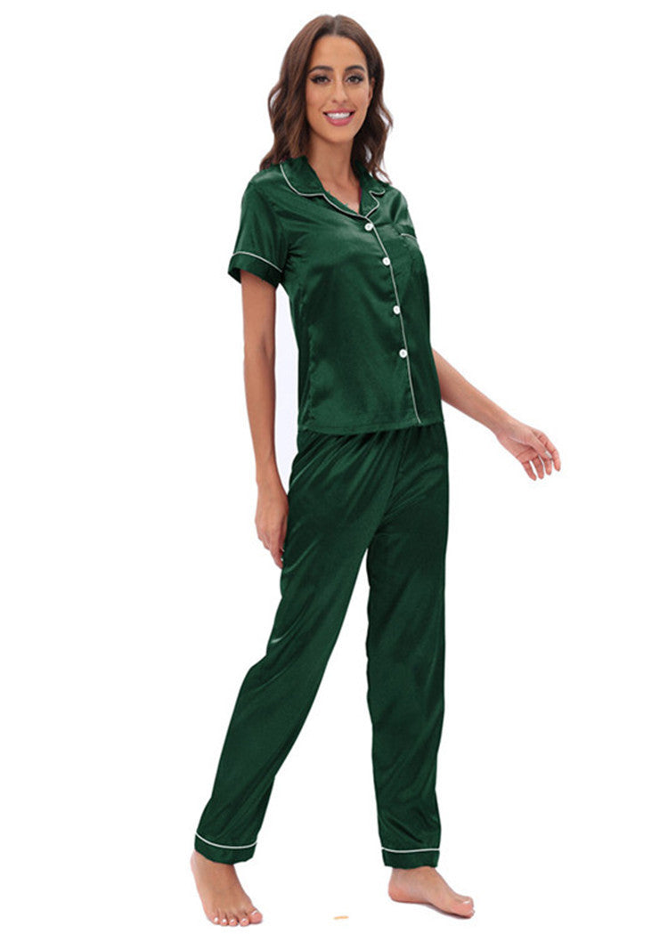 Green langry satin pajama set with button front and piping details
