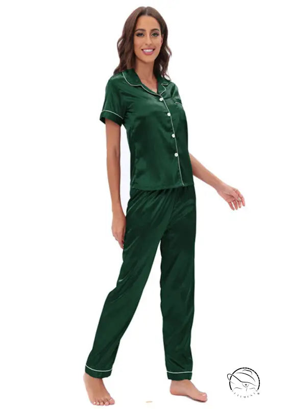 Green satin pajama set with button front and piping details, Langry fashion ملابس