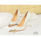 Elegant white leather high-heeled pumps with gold toe caps in Langry fashion