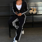 Black long sleeve tracksuit with white stripes, zip-up front, casual fashion set