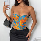 Langry blue strapless painting color slim vest corset with orange floral pattern