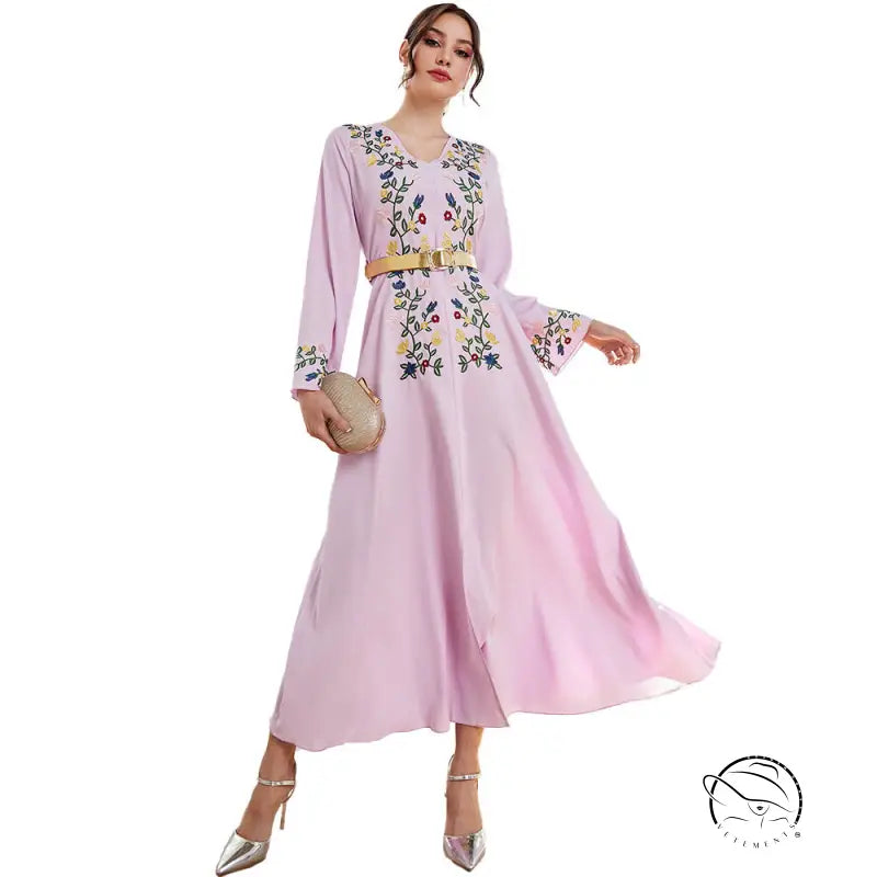 Langry fashion embroidered slim dress in light pink with floral details and belt