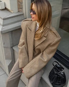 Beige oversized wool large collared short coat with double-breasted design
