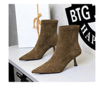 Langry fashion brown suede ankle boots with pointed toes and thin heels