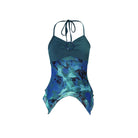 Slim fit halterneck vest in teal with ribbed bodice and blue floral print