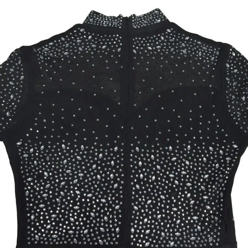 Black mesh top with rhinestones in amazing split maxi dress